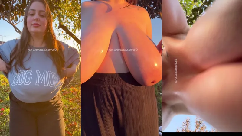 Oiled up AstarbabyXO's massive tits get a seductive tease in the great outdoors
