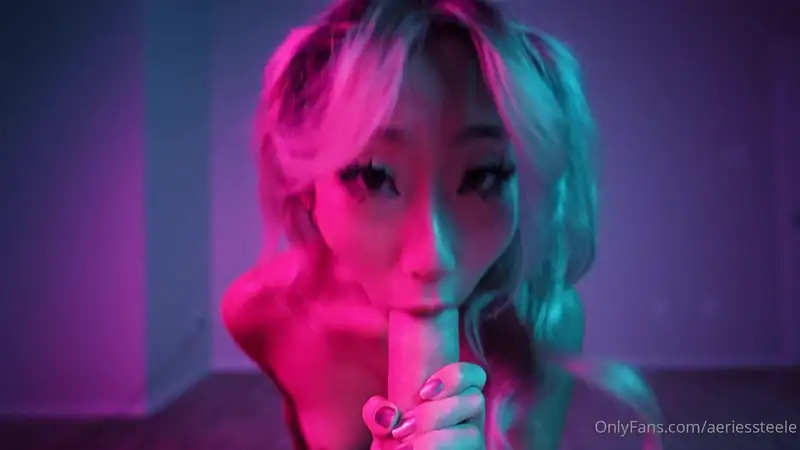 Aeries Steele gives a sloppy deepthroat in the neon Room