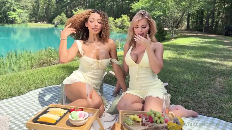 Mariewithdds And Mia Sorety Lesbo Babes Sharing Double Headed Dildo On Picnic Public Place