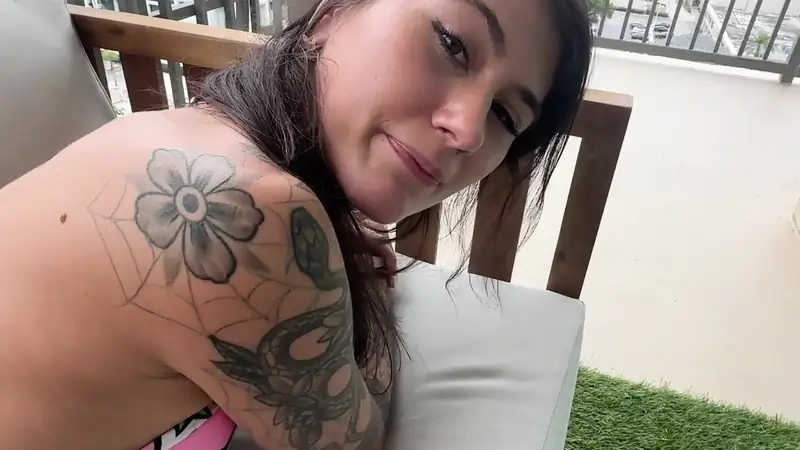 Charlotte Mae, the naughty stepsister, gets caught on camera by her pervy stepbrother in a hot Balcony Sex clip